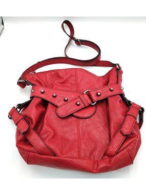 Woman's Purse Cosmopolitan Red Buckles Shoulder Studded Belt Accent Boho Bag
